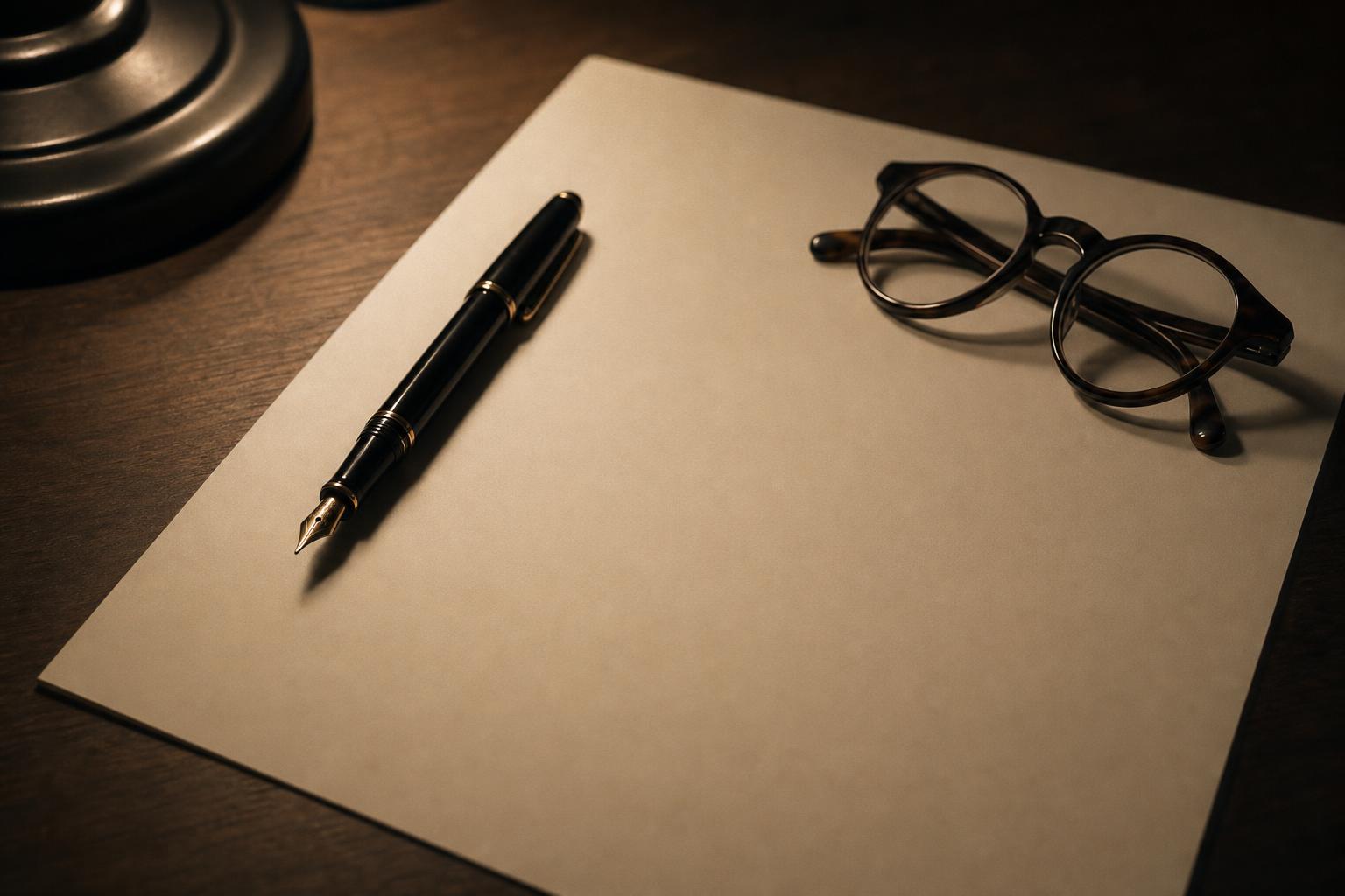 Fountain pen and reading glasses resting on a blank cream sheet of paper