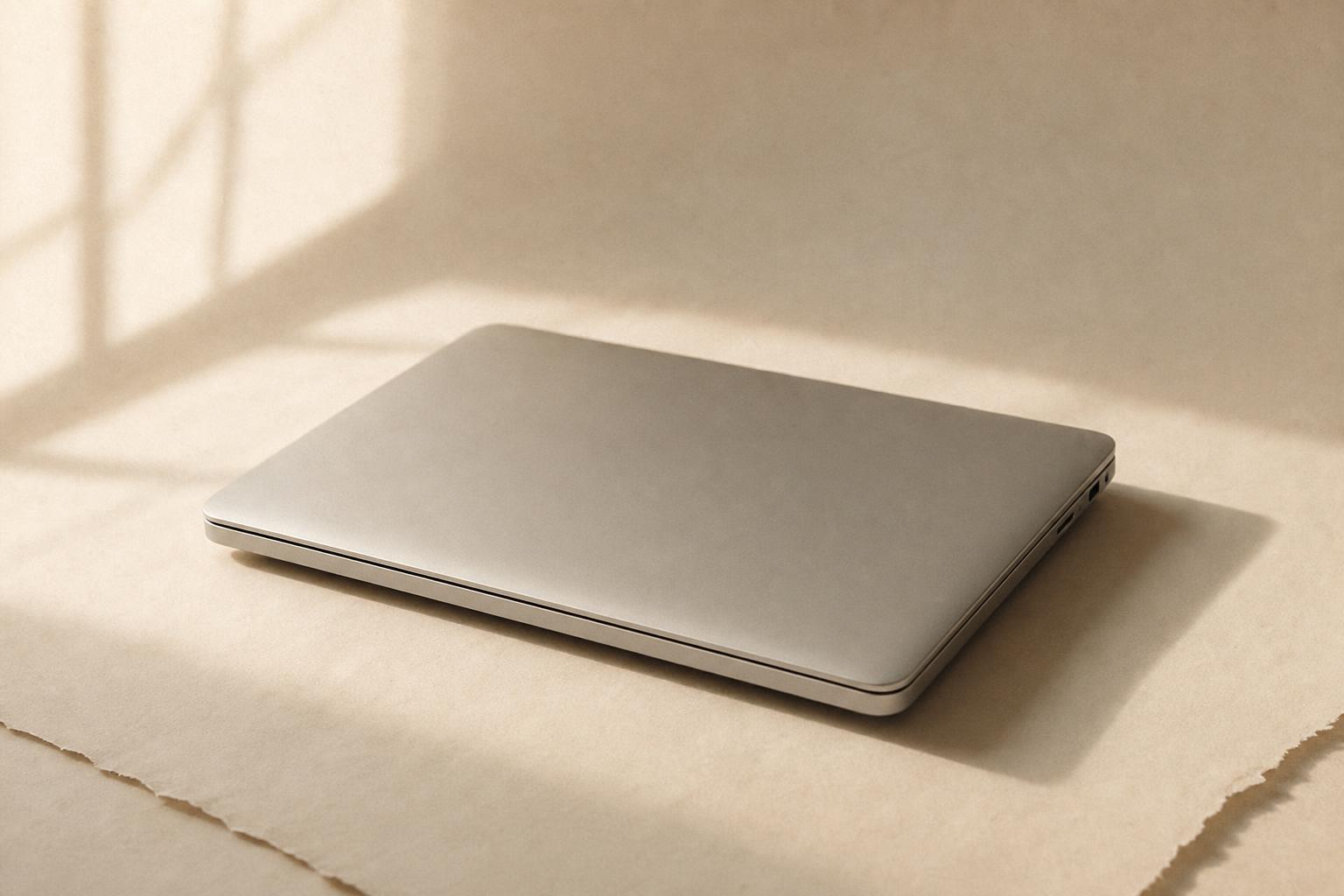 A laptop on a wooden desk showing online search results and review ratings